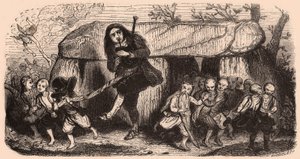 Illustratie van een legende naar Bretonse tradities: de Lao doedelzakspeler en kabouters die dansen voor een dolmen door Unknown