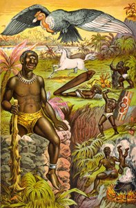 Illustratie met denkbeeldige monsters uit Afrika getiteld 