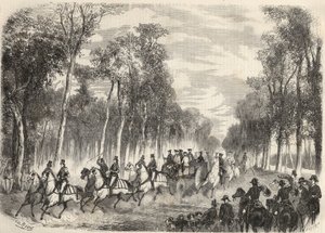 Keizerlijke jacht in Compiegne in aanwezigheid van Napoleon III (1808-1873) en keizerin Eugenie (1826-1920). Gravure in 