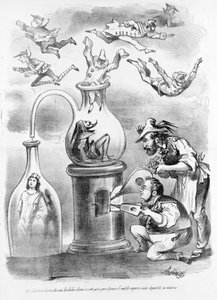 In het alchemielaboratorium van de medewerkers Garibaldi en Cavour zien we geleidelijk de onnodige stoom verdwijnen (vertegenwoordigd door de maskers van de Italiaanse regio