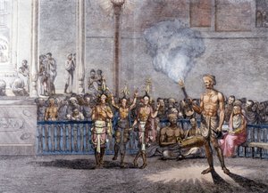 Indiase cultuur en beschaving: dans ter ere van Krishna (Krisna of Krsna) godheid van de Brahmanen in India. Gravure 1808