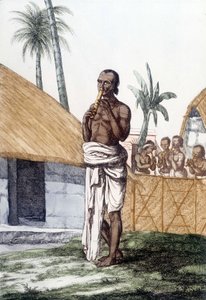 Indiase cultuur en beschaving: muzikant die de bansuri-fluit bespeelt, traditioneel muziekinstrument, India. Gravure 1808