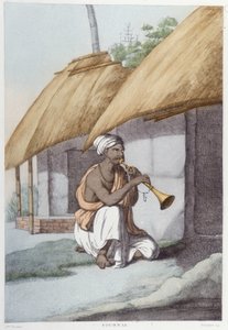 Indiase cultuur, beschaving en samenleving: muzikant met traditionele Indiase fluit. Gravure uit 1808
