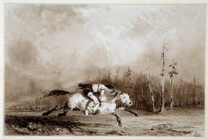 Indiaan van Amerika: Een paard in galop met een vastgebonden man door Unknown artist