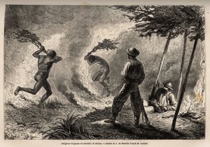 Inheemse Kanaks staken een savannebrand aan, die ze zelf aanstaken om muggen te verjagen, voor de ogen van de verteller en zijn reisgenoot. Gravure ter illustratie van de reis naar Nieuw-Caledonië van 1863 tot 1866, door Jules Garnier, civiel ingenieur van door Unknown artist