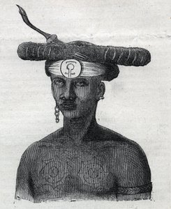 Inheemse bevolking van Nieuw-Guinea: inwoner van de Arfaque-bergen. Gravure in 