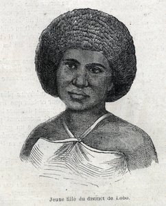 Inheemse bevolking van Nieuw-Guinea: jong meisje uit Lobo. Gravure in L
