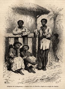 Inheemse mensen van de Magdalena (rivieren), in de straten van de stad Mompox (Colombia). Gravure ter illustratie van de reis naar Nieuw-Granada, door Dr. Saffray, in 1869, gepubliceerd in 