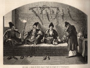 Binnen in een Tataarse café in Schoucha (Transkaukasië, Rusland), waar mannen samenkomen om thee te drinken en waterpijp te roken. Gravure ter illustratie van de reis in de provincies van de Kaukasus, door Basile Vereschaguine, in 1864-1865, gepubliceerd i door Unknown artist