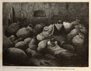 Binnen een rancho van Maynapata (Laag-Peru), verrast door een sneeuwstorm, nemen reizigers hun toevlucht in een modderhut en rusten en verwarmen zich tussen zakken met aardappelen en maïs. Gravure ter illustratie van de reis in de valleien van Quinquinas (