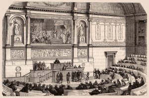 Binnenaanzicht van de Nationale Vergadering tijdens een zitting van de Kamer van Afgevaardigden, Parijs, Frankrijk