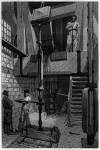 Installatie van een boor om een steenkoollaag te ontdekken. Gravure in 