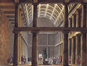 Interieur van het Parthenon - Beeld van de godin Athena (Minerva) binnen het Parthenon van Athene, Oud-Griekenland - Gravure rond 1820