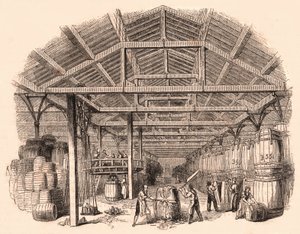 Interieur van een tabaksfabriek: arbeiders hakken een bal tabak en anderen zijn betrokken bij de productie en het hanteren van vaten door Unknown