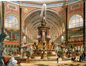 Interieur van het Crystal Palace tijdens de Internationale Tentoonstelling van 1862. Majolica fontein door Minton. Chromolithografie door Unknown artist