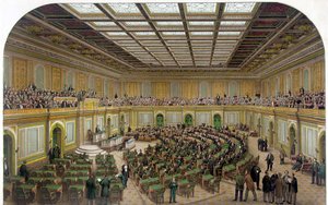 Interieur van het Huis van Afgevaardigden van het Amerikaanse Capitool met het Congres in zitting en de toeschouwers in de galerij - Gravure 1866
