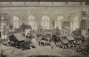 Internationaal paviljoen op de Internationale Tentoonstelling van Wenen, Oostenrijk, gravure van foto door Huber uit L