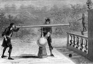 Uitvinding: Sarbacan of pneumatisch geweer door Otto von Guericke, Duitse uitvinder. Gravure in 