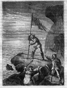 Isaac Israel Hayes (1832-1881), Amerikaanse Arctische ontdekkingsreiziger, plant de nationale vlag van de VS aan de kust van de Noordelijke IJszee tijdens zijn expeditie om de veronderstelde Open Poolzee te vinden door Unknown artist