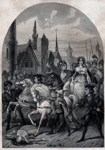 Isabella van Beieren (1371-1435) komt Parijs binnen in 1389 - Entree van de Koningin van Frankrijk Isabeau (Isabelle, Elisabeth) van Beieren (1371-1435) in Parijs - Gravure van 1842 in 