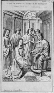 Isabella van Portugal (1397-1472) hertogin van Bourgondië neemt afscheid van koning Karel VII door Unknown artist