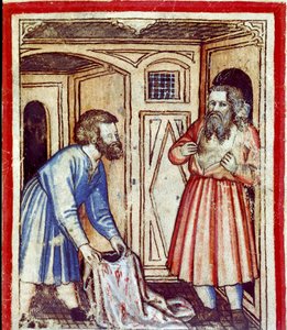 Jacob verneemt de dood van zijn zoon Jozef, verkocht door zijn broers aan de Egyptenaren Miniatuur uit codex 212 (of padovano codice of Bijbel van Padua) 1390-1400 Rovigo, Accademia dei Concordi