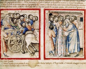 Jakobs vertrek naar Egypte en zijn hereniging met zijn zoon Jozef. Miniatuur uit codex 212 (of padovano codice of Bijbel van Padua). 1390-1400. Rovigo, Accademia dei Concordi door Unknown artist