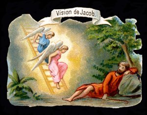 Jakobs visioen voorgesteld door engelen die uit de hemel afdalen via een ladder. Chromolithografie uit de 19e eeuw.