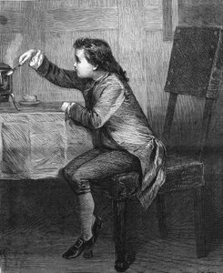James Watt (1736-1819) als kind ontdekt de wetten van stoom. Gravure uit 1868 naar het schilderij van Marcus Stone.