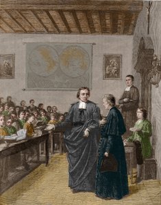 Jean Baptiste De La Salle, Franse religieus, oprichter van de congregatie van de broeders van de christelijke scholen, toont een van zijn scholen aan M de La Chetardie. Gravure uit het einde van de 19e eeuw door Unknown artist