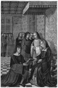 Jean Marot, dichter (1463-1526), biedt een dichtbundel aan koningin Anne van Frankrijk. Gravure uit de 19e eeuw. door Unknown artist