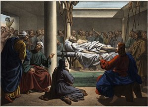 Jezus geneest de verlamde van Bethesda. Anonieme gravure uit het midden van de 19e eeuw. door Unknown artist