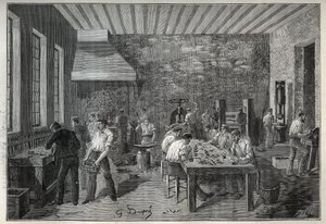 Juwelen: staaljuwelenfabriek. Gravure uit 1885 in 