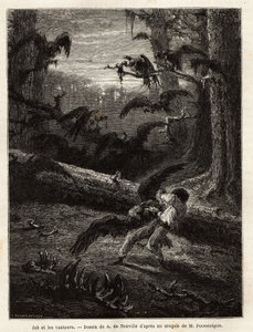 Job (reisgenoot van de redacteur), aangevallen door gieren. Gravure ter illustratie van het verhaal Quatre mois en Florida, door M. Pousselgue, in 1851-1852, gepubliceerd in 