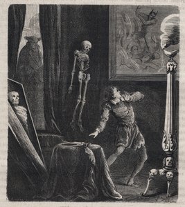 John Chatel (Chastel) (1575-1594) opgesloten door de Jezuïeten in de kamer van meditatie - voor zijn moordaanslag op koning Hendrik IV van Frankrijk op 27 december 1594. Gravure uit 1879 in 