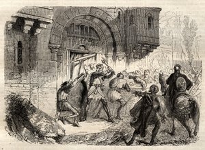 Johannes II Comnenus, Byzantijnse keizer - De keizer Johannes II Comnene (1087-1143) aan het hoofd van de Grieken die de deur van zijn paleis in Constantinopel openen - gravure in 