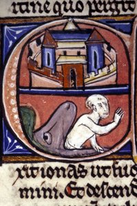 Jona, na drie dagen en drie nachten in de buik van een grote vis, wordt uitgebraakt door het dier. 14e-eeuws manuscript. Biblioteca nazionale braidense, Milaan door Unknown artist