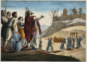 Jozua voor de stad Jericho (de eerste stad die door Jozua en de Joden werd ingenomen tijdens de verovering van het Beloofde Land). De muren storten in door het geluid van de trompetten. Anonieme gravure van de 19e eeuw door Unknown artist