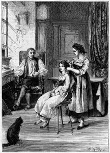 Josue Heilmann (1796-1848), een Franse uitvinder, observeert hoe zijn dochters hun haar kammen. Hij inspireerde zichzelf in deze scène om de mechanische kam in 1843 te creëren. Gravure in 