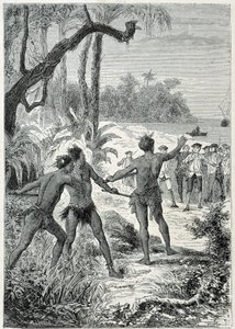 Reis van Kapitein James Cook naar Nieuw-Guinea: de eerste ontmoeting met de inboorlingen, illustratie uit 