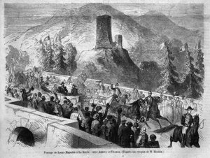 Reis van Keizer Napoleon III (1808-1873) en zijn vrouw Eugenie de Montijo (1826-1920) naar Savoye: hier de passage naar de Rots tussen Annecy en Thonon, na de annexatie van het Graafschap Savoye (Maart Turijn Verdrag). Gravure uit 