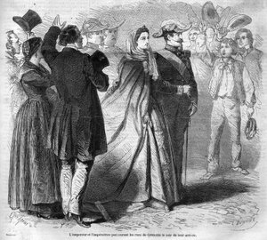 Reis van Keizer Napoleon III (1808-1873) en zijn vrouw Eugenie de Montijo (1826-1920) naar het Hertogdom Savoye na de annexatie van het Graafschap Savoye (Maart Turijn Verdrag): hier wandelt het keizerlijk paar door de straten van Grenoble. Gravure uit 