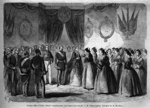 Reis van keizer Napoleon III (1808-1873) en zijn vrouw Eugenie de Montijo (1826-1920) naar het hertogdom Savoye na de annexatie van het graafschap Savoye (Maart Turijn Verdrag): hier bezoekt het keizerlijk paar Arles en ontmoet jonge meisjes uit de regio
