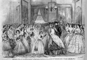 Reis van keizer Napoleon III (1808-1873) en zijn vrouw Eugenie de Montijo (1826-1920) naar de hertog van Savoye na de annexatie van het graafschap Savoye (Maart Turijn Verdrag): hier ontmoet het keizerlijk paar in Grenoble jonge meisjes die kwamen om te pr door Unknown artist