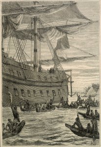 Reis van Samuel Wallis (1728-1795) naar Polynesië: inheemse mensen met bananentakken in de hand als welkomstgroet - illustratie uit "De Grote Zeevaarders van de 18e eeuw" door Unknown artist
