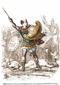 Julius Caesar verzamelt zijn troepen in een gevecht tegen de Nerviërs - gravure door Unknown artist