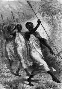Kabba Righe (Kabba-Righe), koning van Ounyoro (in Afrika), en zijn gevolg. Gravure in 