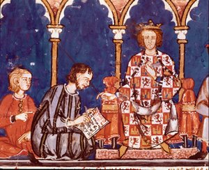 Koning Alfonso X de wijze helpt een schrijver (detail)