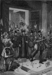 Koning van Frankrijk Hendrik II (1519-1559), in het midden, beveelt zijn connétable om de adviseurs te arresteren. Gravure uit de 19e eeuw. In “Histoire de France” door Jules Michelet