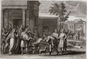 Koninkrijksbijbel, Oude Testament: Abimelech gestraft door God. Abimelech (Abimelech of Ahimelech of Ahimelek), koning van Gerar, die met geweld Sara (Sarah), de vrouw van Abraham, had genomen, maar die hij alleen als zijn zus beschouwde, wordt door God be door Unknown artist